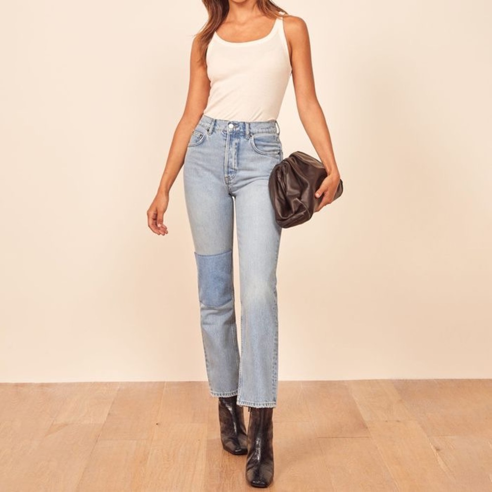 NWT Reformation Cynthia Patch High Rise Straight Jeans / Tahoe Blue